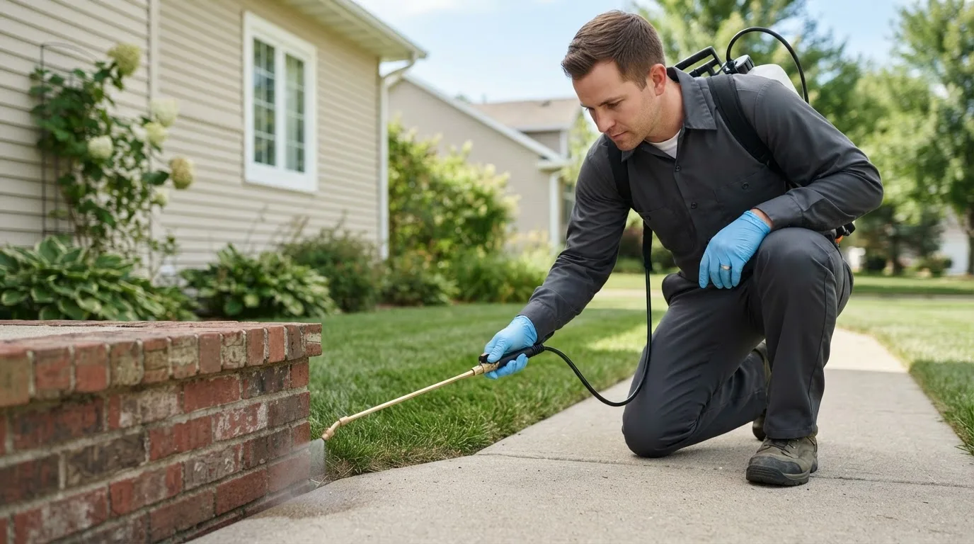 Pest control technician treating a home near Woodland, AL